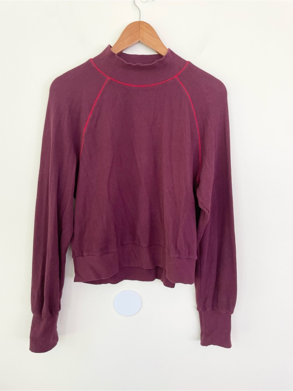 Michael Stars Contrast Stitch Waffle Knit Mock Neck Top Burgundy Red M Medium